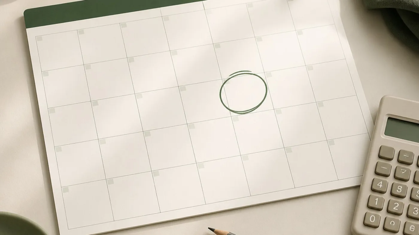 A paper calendar with a repayment date marked beside a pencil and calculator.